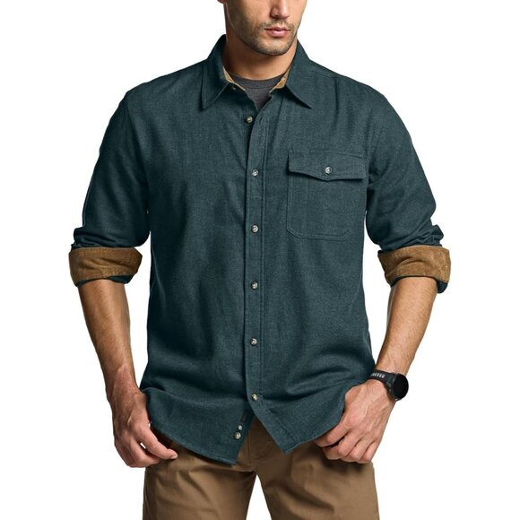Mens Green Cotton Flannel Shirt Long Sleeve Brushed Soft Casual Outdoor Plaid - Picture 2 of 9